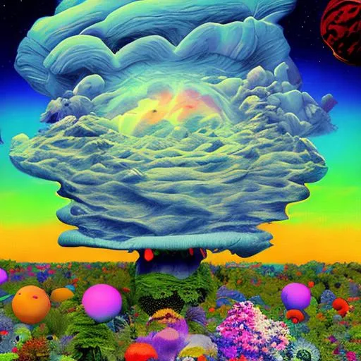 Prompt: Vaporwave, flowers, giant fungi, planets, collage, Psychedelic Art, 80's colors and clouds,
