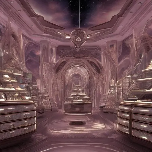 Prompt: widescreen, infinity vanishing point, alien jewelery store interior, insurprise me