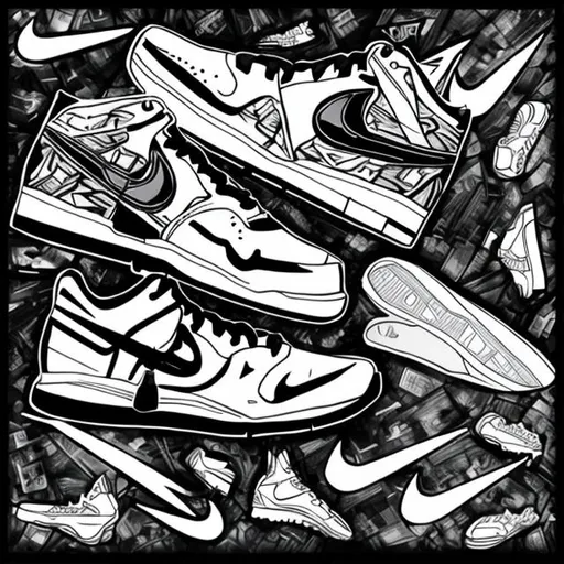 Prompt: black and white comic style nike shoes 