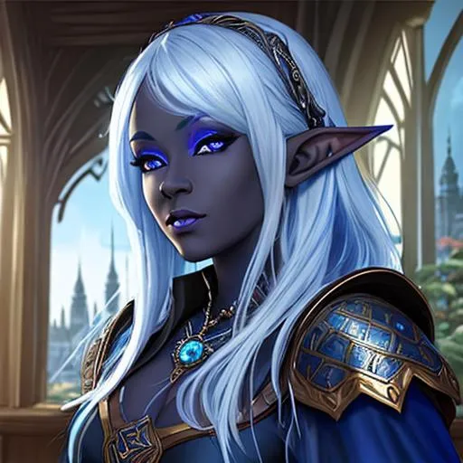 Prompt: half body portrait, female , elf, drow, dark elf, blue skin, ((blue skin:0.6)), blue pointed ears, detailed face, detailed eyes, full eyelashes, ultra detailed accessories, detailed interior, city background, ((wearing a tunic:0.6)), short curly hair, dnd, artwork, dark fantasy, tavern interior, looking outside from a window, inspired by D&D, concept art, night time, looking away
