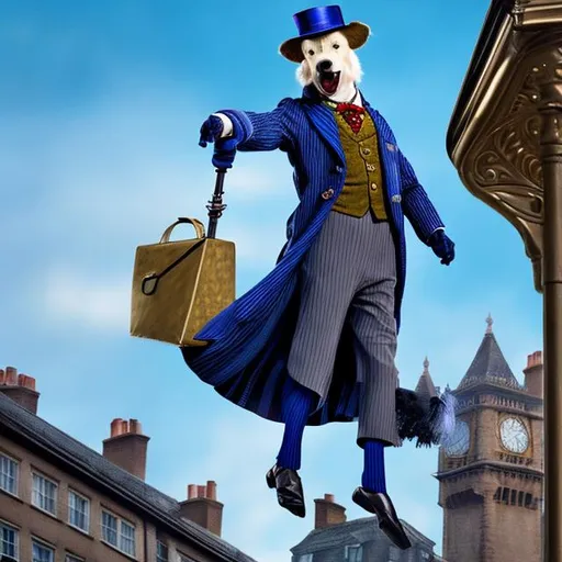 Prompt: An Anthropomorphic big old Golden Retriever dog wearing dressed as a business officer man on a Mary poppins returns animated style