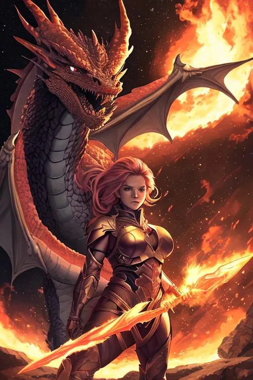 Prompt: Strong woman,staring, fighting with dragon,into space,flaming sword,space shield,long spear