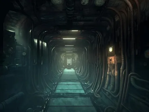 Prompt: Dark hallway on the submarine with many doors