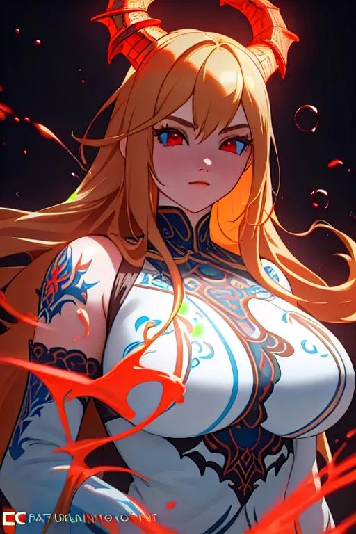 Prompt: bright colors, symmetrical, beautiful girl, one has jet-black hair and vermilion red eyes, and the other has blond hair and blue eyes, each exuding a different charm. intricate dragon horns, perfect composition, hyperrealistic, super detailed, 8k, high quality, Splash art, front, epic Instagram, artstation, hyperdetailed intricately detailed, unreal engine, intricate detail, complementary colors, concept art, 8k, heavy strokes, splash arts, full height, full body focus,