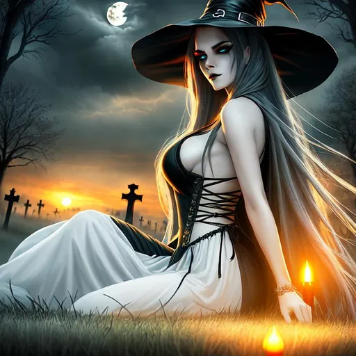 Prompt: Horror, twisted, scary, ominous, cinematic, 3D, HD, Beautiful!! {female}Witch, detailed gorgeous face, Beautiful big {heart-shaped}reflective eyes, long flowing hair, expansive cemetery background, sunset, hyper realistic, 16K --s98500