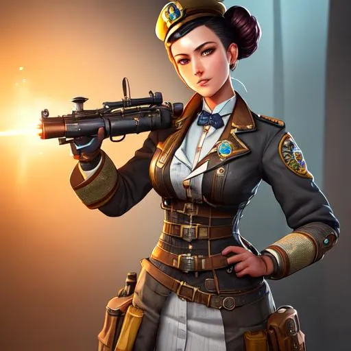 Prompt: steampunk female medic pointing a syringer at the viewer, mechanical, excited, skirt, symmetrical, perfect composition, hyperrealistic, super detailed, 8k, high quality, Splash art, front, epic Instagram, artstation, hyperdetailed intricately detailed, unreal engine, intricate detail, splash screen, complementary colors, concept art, 8k, heavy strokes, splash arts, full height, full body focus,