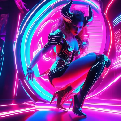 Prompt: a beautiful female demon in a dynamic pose in a retro futuristic synthwave cyberpunk neon paradise.  neon lighting, high quality, beautiful, masterpiece, artistic, synthwave, cyber, retro, futuristic