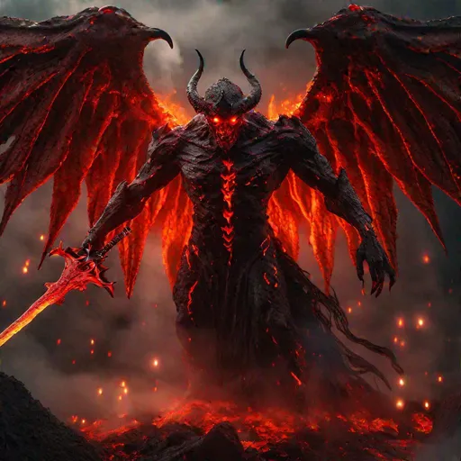 Prompt: An ancient winged demon, hovering over a human body that is covered in blood, holding a fiery sword, lava, stalctites, dripping, detailed scene, digital painting, glowing red eyes, smokey, foggy, hyperrealistic, fantasy, Surrealist, artstation, highly detailed, sharp focus, wide angle shot, sci-fi, stunningly beautiful, dystopian, cinematic lighting, dark fantasy, chromatic aberration, subsurface scattering, colorgrading, rim lighting, cinematic lighting, studio lighting, ray tracing, red back lighting. 