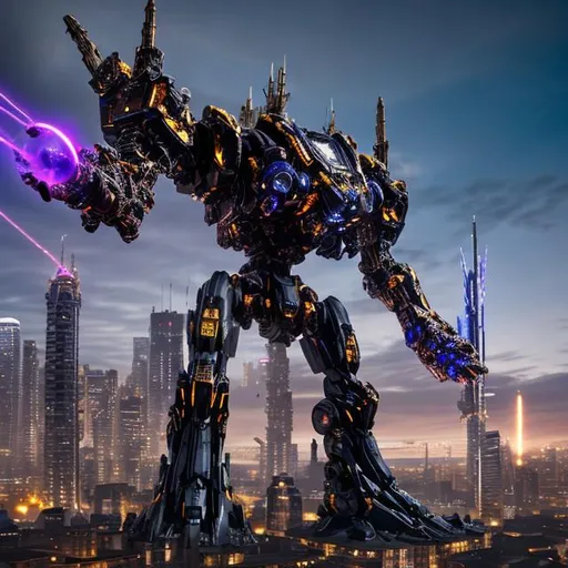Prompt: A gothic 200 foot mech droid towering over a city(((( pacific rim, pacific rim, pacific rim, pacific rim, laser arm, laser arm, laser arm, blue and gold, blue and gold, blue and gold, giant drill on arm, giant drill on arm, giant drill on arm((( it’s fighting another mech robot(((( the second robot is purple and red, purple and red, purple and red, purple and red, laser canyon on both arms
