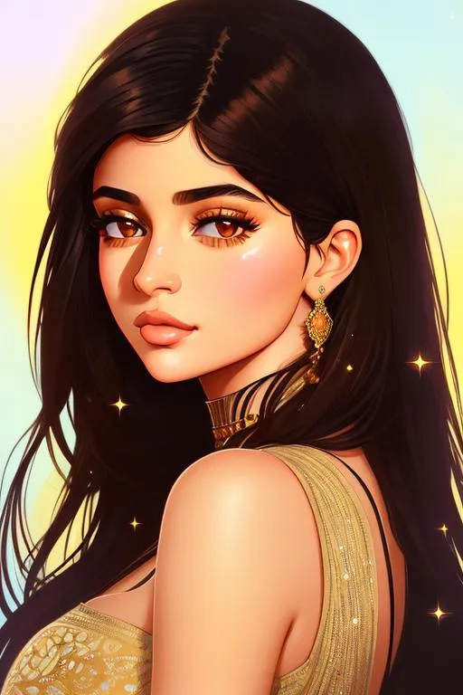 Prompt: Upper body portrait of Cute girl kylie jenner, 25 years old, brown long hair, tan skin, sundress, intricate, detailed face. by Ilya Kuvshinov and Alphonse Mucha. Dreamy, sparkles
