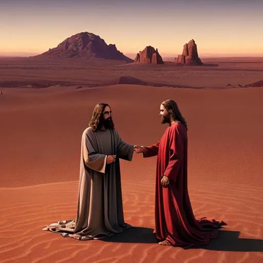 Prompt: Jesus and Satan in the desert hyper realistic, 8k, intricate detail, photorealistic