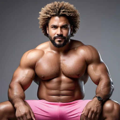 Prompt: long shot with a very handsome, middle-aged Afro-Latino hunky hairy chubby man with short sandy brown curly ethnic hair, light eyes, thick pink lips, "hyperreal detailed face", calm smile, attractive pink lips, whole body in shot, detailed facial features, detailed locs, hyperreal, perfect composition, hyperrealistic, super detailed, 8k, high quality, sharp focus, studio photo, photography, natural light, intricate details, highly detailed, hyperrealistic, soaked, real texture, full body portrait of "insolent" hypermasculine man ,with thick "hairy muscular thighs", wearing "tight shirt", manspreading, huge mooseknuckle, arena, perfect composition, hyperrealistic, super detailed, 8k, high quality, social media travel post, sharp focus, studio photo, intricate details, highly detailed,