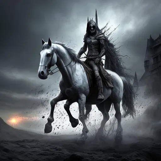 Prompt: Death riding on a gray horse followed by the realm of the dead. Photorealistic