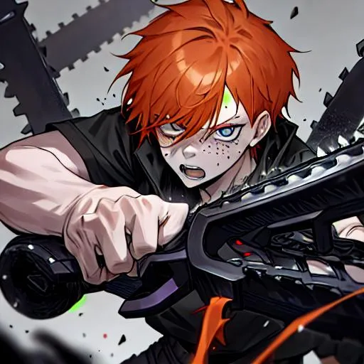 Prompt: Erikku male adult (short ginger hair, freckles, right eye blue left eye purple) UHD, 8K, Highly detailed, insane detail, best quality, high quality, fighting with a chainsaw, 