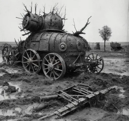 Prompt: A steampunk turret is mounted on top of A battered steampunk war carriage on the battlefields of ww1. barbed wire, trenches, dead soldiers and horses litter the muddy and destroyed terrain. Burned tree stumps smoilder in the background.