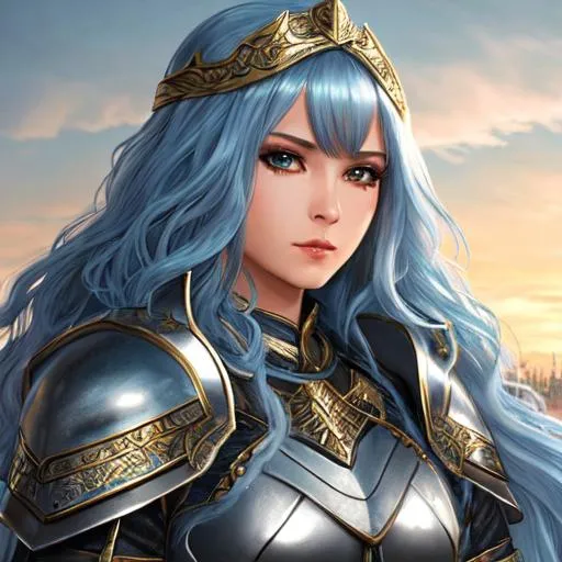 Prompt: 4K, 16K, high quality, extremely detailed, highly realistic, picture quality, cyan long hair (curly - wavy ) (female), eyeliner, silver knight armor with gold accents, steel sword, fantasy city, war-zone, fantasy, knight/general (female)