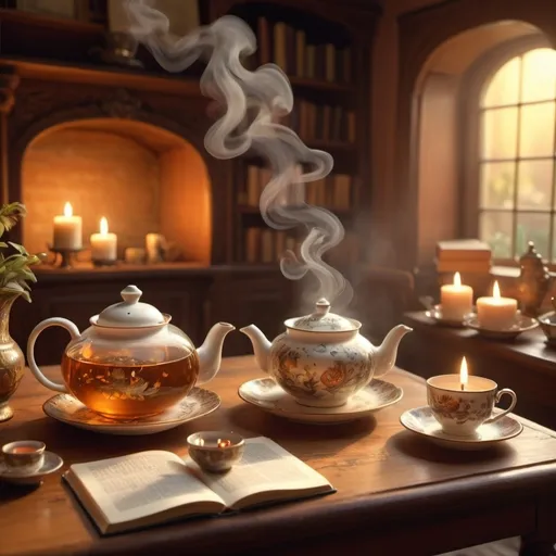 Prompt: (teapot telling a story), enchanting tea scene, delicate steam swirling up, whimsical atmosphere, warm muted colors, cozy ambiance, vibrant tea leaves floating, intricately designed teacup, richly textured tablecloth, detailed surroundings with books and candles, inviting warmth of golden light, high-quality 4K image, intricate details, dreamlike setting, imaginative storytelling.