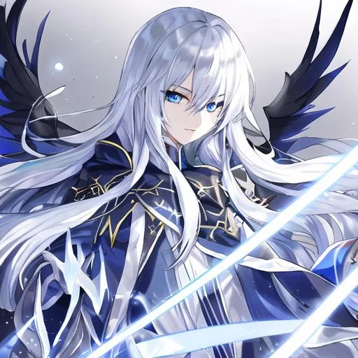 Prompt: Sapphire blue asassin cloak cloak, long white hair, gold eyes, male, black wings