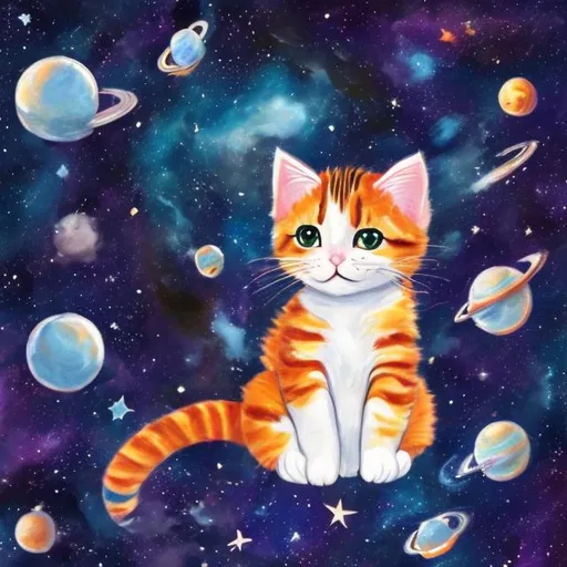 Prompt: a calico kitty in space