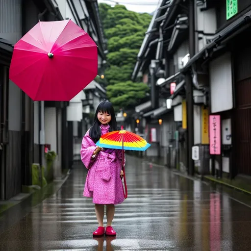 Prompt: A japanese girl holding an open re coloured umbrella on a rainy morning 