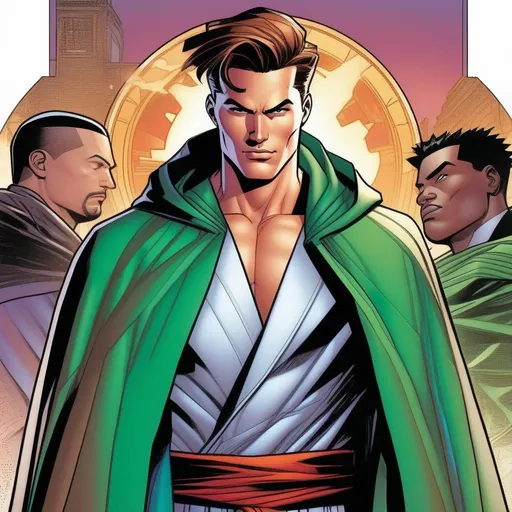 Prompt: detailed character, full body portrait of a young adult male sorcerer, round face, broad cheeks, extremely short brown slicked back pompadour undercut, green glowing eyes smirking, wearing robes with a cloak, Marvel comics art, (comic art), 2d art. (2d), DC comics art. Well drawn faces, detailed faces.