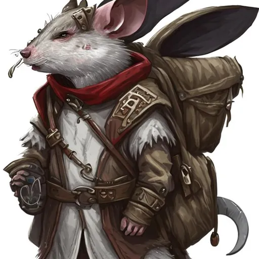 Prompt: Fantasy stye anthropomorphic rat with red eyes and white coat with blazed dove colored markings. The rat is wearing patched up hooded cloak and pants. It has a belt with various small bags and a big knife on it. The rat is carrying a backpack full of gadgets. The rat looks really excited and amused holding some magical gadget.