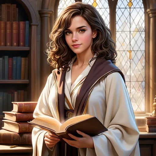 Prompt: Hermione Granger, age 30, wise leader.
Bushy dark brown hair, brown eyes, light skin.
Wears modern, elegant robes.
Office blends old charm and new style.
Features ancient books, glowing staff, feather pen.
Big window shows a bustling magical marketplace.
Expression of calm confidence and intelligence.
Respected leader.
