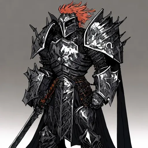 Prompt: knight in black, flaming armor, dark colour scheme, 90's anime style