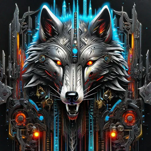 Prompt: "robotic horror wolf in motion adorned with black and silver metal intricate, background glowing forge, ghastly creature and horror scene; futuristic, hyperrealistic, high details, ornate graffiti art, splash art, street art, spray paint, oil gouache melting, acrylic, high_contrast, colorful polychromatic, ultra detailed, ultra quality, CGSociety"