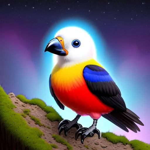 Prompt: isometric view, wide view, 7 "colorful, proud, fat,  "baby condor", with a halo", (wearing a helmet) glowing, realistic, spiked hair, fluffy, silky, furry, backlit, warm tones, night-sky, moss, indigo, cream, coral, bone-white, photorealistic eyes, : ornate, dynamic, particulate, intricate, elegant, highly detailed, centered, artstation, airbrush, acrylic on paper, volumetric lighting, occlusion, smooth, sharp focus, 128K UHD octane render, w more d etail.