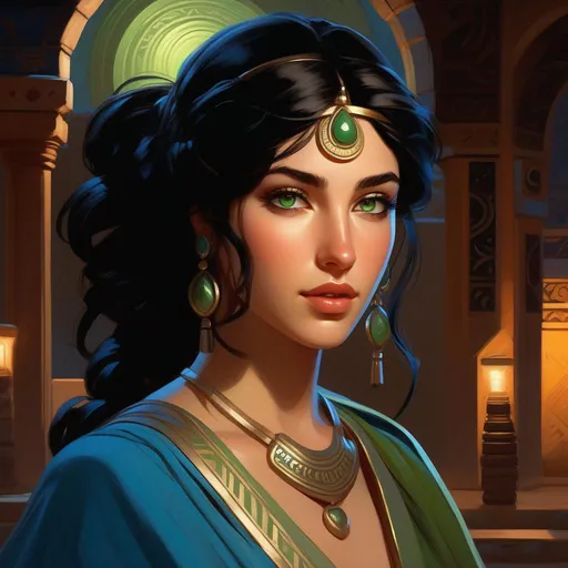 Prompt: Third person, gameplay, ancient Carthaginian girl, pale olive skin, black hair, green eyes, blue atmosphere, Carthage at night, cartoony style, extremely detailed painting by Greg Rutkowski and by Henry Justice Ford and by Steve Henderson 