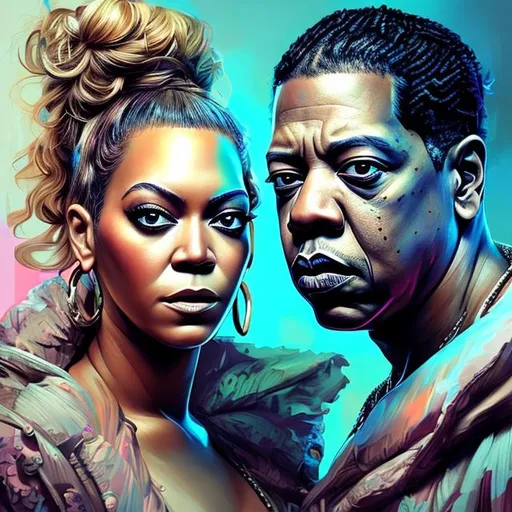 Prompt: "hyperdetailed portrait of 
Jay Z and Beyonce as a delirium of the endless, colourful make up, the sandman, made by caravaggio stanley artgerm lau wlop rossdraws artstation cgsociety concept art cgsociety octane render"