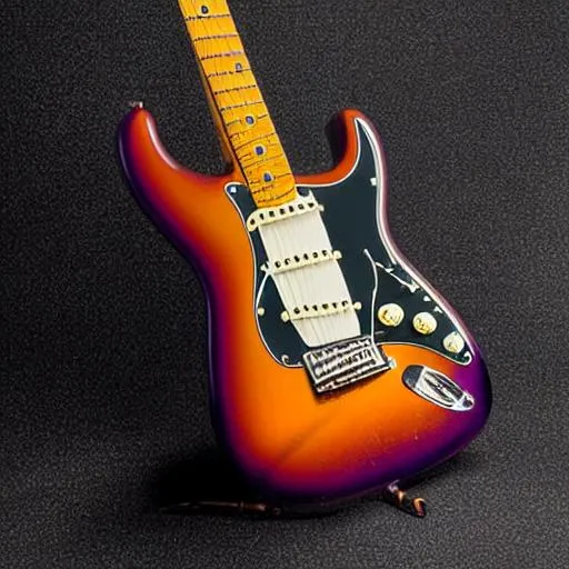 Prompt: stunning fender stratocaster 2 tone sunburst with a maple neck, 3 d hyperrealistic 8 k image style, detailed render, studio photograph with dramatic lighting, depth of field