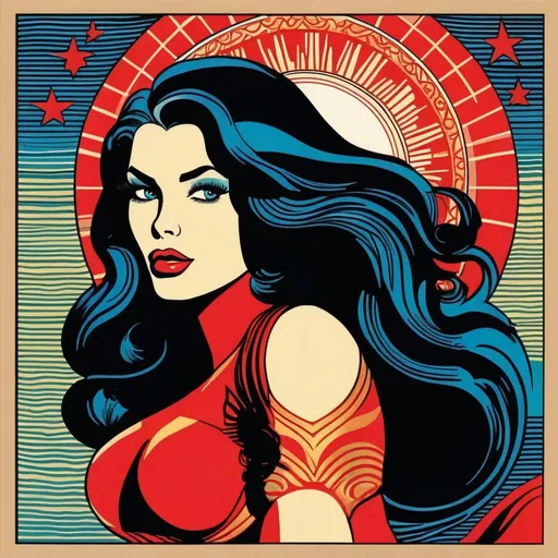 Prompt: Silk screen comic book illustration, buxom female mexican mermaid with long full black thick wavy hair, blue eyes, thick red pouty lips, pouty mouth, pale skin, 1960s Soviet retrofuturism, space fantasy