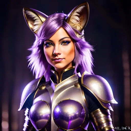 Prompt: award winning portrait painting of a female anthropomorphic fox wearing metal fantasy armor, (backlighting:1.4), digital painting, concept art, smooth, sharp focus, rule of thirds, dark fantasy, intricate details, medium shot, (shallow depth of field:1.1), sci fi, 4k, purple eye color, no hair, fluffy, purple armor, fur, furry, fursona
