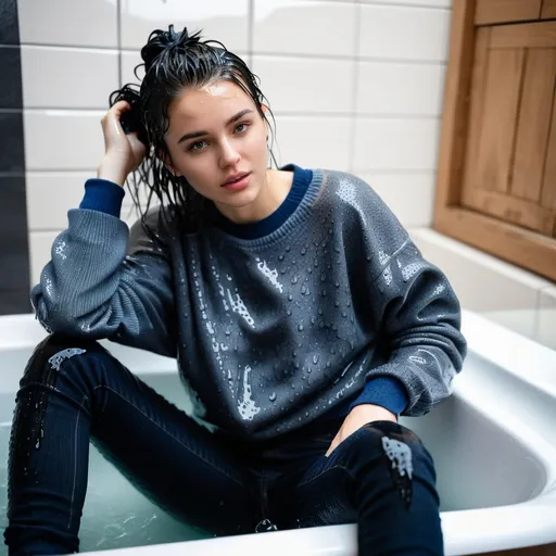 Prompt: photo of young woman, soaking wet clothes, White Sneakers with black ankle socks, Dark blue high waist jeans, Grey crop sweater with black shirt underneath ,  , Sitting in the bath,   enjoying, water dripping from clothes, clothes stuck to body,  detailed textures of the wet fabric, wet face, wet plastered hair,  wet, drenched, professional, high-quality details, full body view.