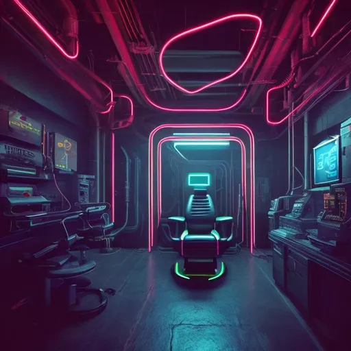 Prompt: Wide shot of a dark cyberpunk and minimalist looking underground chamber, where there is a laying chair (like the chairs used at the dentist clinic) at the center of the room, and Virtual Reality headset hanging from the ceiling. The place has retro computer devices and cyberpunk style objects, and it's lightened by few neon lights.