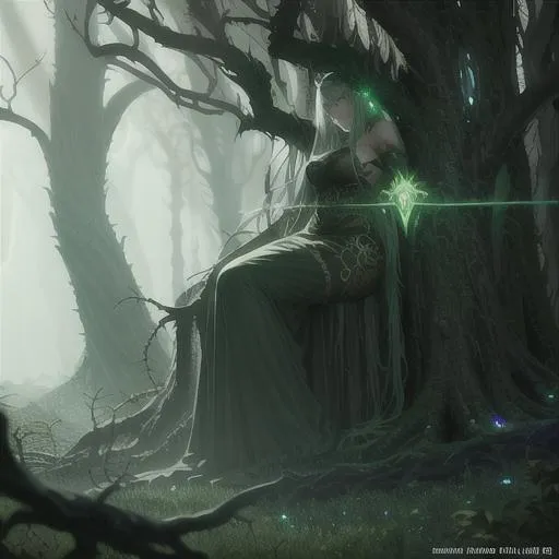 Prompt: Vines growing from a Druids heart through her body into a dead tree brining it back to life, a masterpiece, dark fantasy concept art, dynamic lighting, hyperdetailed, intricately detailed, Splash screen art, deep color, Unreal Engine, volumetric lighting, Alphonse Mucha, Jordan Grimmer, Green and Black complementary colours