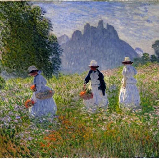Prompt: Group of women dressed in white picking flowers in a misty flower meadow, large mountain in the background, claude monet 