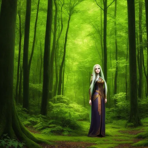 Prompt: ((wood elf woman)), fantasy, long hair, pale skin, grin, forest, lush trees, symmetrically colored hair, ((full body)) {{good looking}} {{cute}} {{good body}} {{tight}}, {{shadows}},