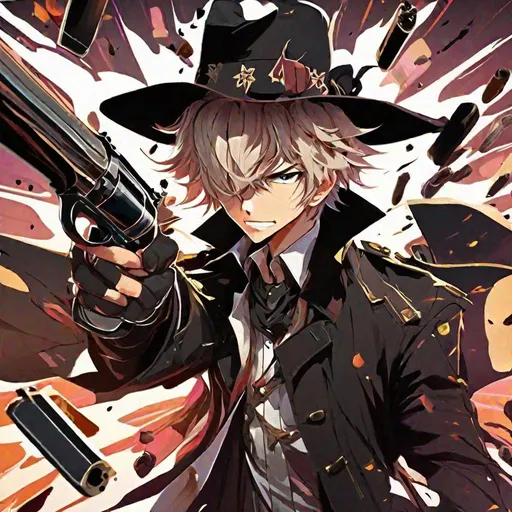 Prompt: insane cute anime boy with wavy brown and white color hair in black trench coat and cowboys hat with a psychotic smile in a pistol standoff Dual wielding 2 revolvers lead over the top unloading rounds, bar theme, bullets flying everywhere, vibrant trippy background, zoomed out, aesthetic scars, bloody, hallucinations, power, high definition, professional brush strokes 