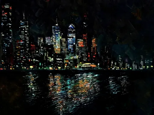 Prompt: Colorful, thick oil impasto York Skyline from 42nd Street Pier, thick oil impasto