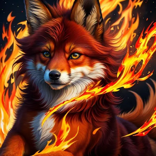 Prompt: (8k, 3D, UHD, highly detailed, hyper detailed, masterpiece, detailed oil painting) portrait of [fire elemental] ((fox)), (canine quadruped), adolescent, silky crimson-red fur, {yellow-green eyes}, 8k eyes, youthful, lively, lithe, bounding, {black fur highlights}, sharp focus, cinematic, vivid colors, brilliant colors, long silky hair on crest, plump, (rows of pink blossoming sakura trees), umber red mane, wispy brown ears, wispy ruby-red mane, flowers on fur, snow-capped trees, snow on fur, forest, silky bushy tail, billowing mane, professional, unreal engine, dynamic, intricate detail, intricately detailed fur, highly detailed face, best quality, highly detailed mouth, 4k, 16k, 64k, HDR, unreal 5, artstation, deviant art, instagram, trending, perfect composition, symmetric, golden ratio