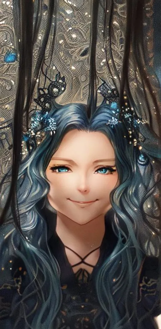 Prompt: anime portrait of a smiling anime woman with blue eyes and long, beautiful, intricate, wavy, curly, flowing, light blue hair,  shimmer in the air,  digital art, looking into camera wearing lace