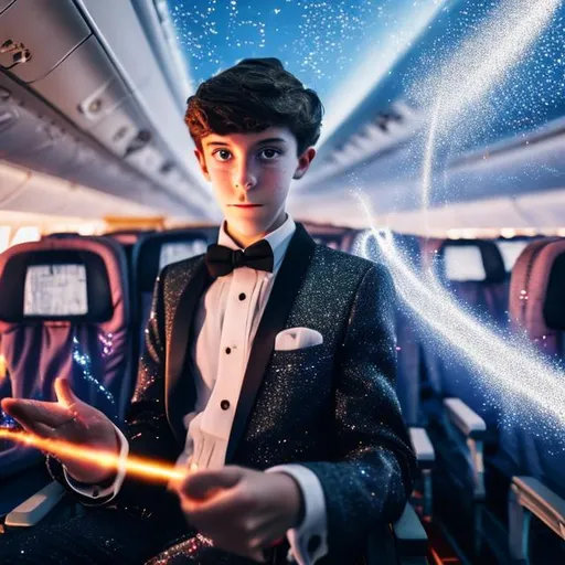 Prompt: 16 year old boy in a tuxedo standing in the aisle of an airplane casting a sparkly magic spell on an airplane seat with his magic wand
