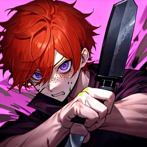 Prompt: Erikku male adult (short ginger hair, freckles, right eye blue left eye purple) UHD, 8K, Highly detailed, insane detail, best quality, high quality, holding a knife up to his face, covered in blood, insane, sadistic