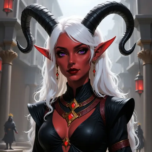 Prompt:  @p2CZMES7VK5y7B1QsEFp white hair, large crown, lots of jewelry, horns curved down, black clothes, walking in fantasy city