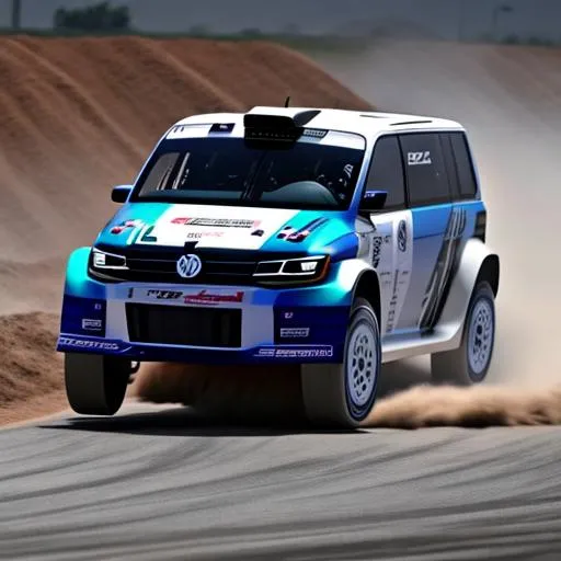 Prompt: Specced out rally version of the vw transporter, with a v12 in the back, with an enormous and complicated tear wing