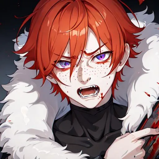 Prompt: Erikku male adult (short ginger hair, freckles, right eye blue left eye purple) UHD, 8K, Highly detailed, insane detail, best quality, high quality, covered in blood, covering his face with his hand, wide eyes, insane, fear, threatening, laughing, angry, fighting, psychopathic, anime style,