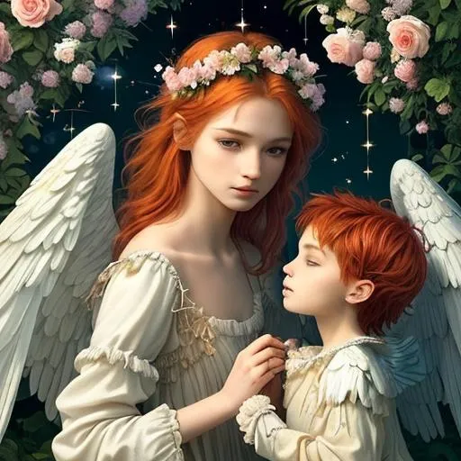 Prompt: Zoom in Portrait Very beautiful Androgynous angel giving a teddybear to a child. cute gentle, soft feathered wings instead of arms, feathered wings for arms (Masterpiece),gentle expression, gentle sparks of light, red hair, (Masterpiece), in a beautiful flowergarden, very beautiful Androgynous angel, fantasy, realistic flowers and plants,, green constellation-like design Dress, in flower garden, lovely red hair tied with white ribbons, cinematic light, beautiful Androgynous angel, beautiful eyes, long hair with ribbons, perfect anatomy, very pretty, warm gentle eyes, fantastic, stylised animation, bioluminescent, life size, 32K resolution, wings for arms, mysterious shape, graceful, almost perfect, dynamic angles, highly detailed, figure sheet, concept Art, smooth, symmetrical, balanced placement, fashion pose, 20s beauty, great hair, overhead space